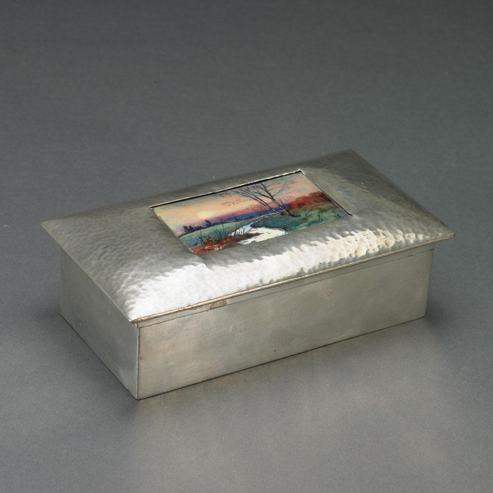 ‘Tudric’ Pewter Cigarette Box with Painted Enamel Scenic Panel, for Liberty & Co., c.1910