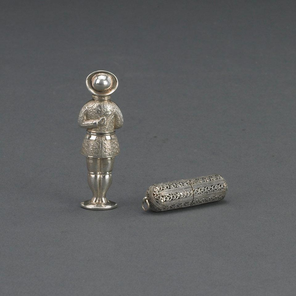 Continental Silver Figural Needle Case and a Filigree Cased Cigarette Holder, late 19th/early 20th century