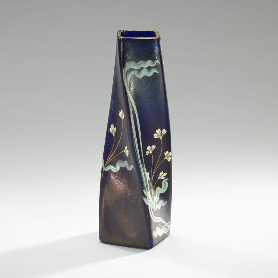 Bohemian Enameled Iridescent Blue Glass Vase, c.1900