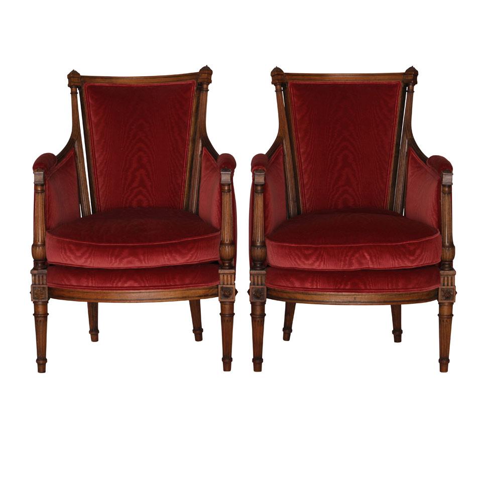 Pair of Louis XVI Style Walnut Upholstered Fauteiuls