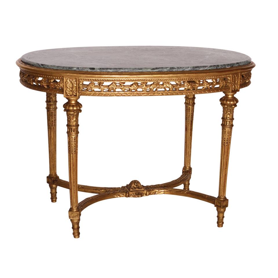 Italian Giltwood Oval Centre Table with inset figured green marble top