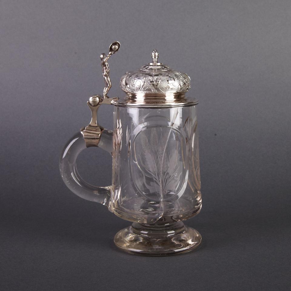 German Silver Mounted Cut and Engraved Glass Tankard, c.1885
