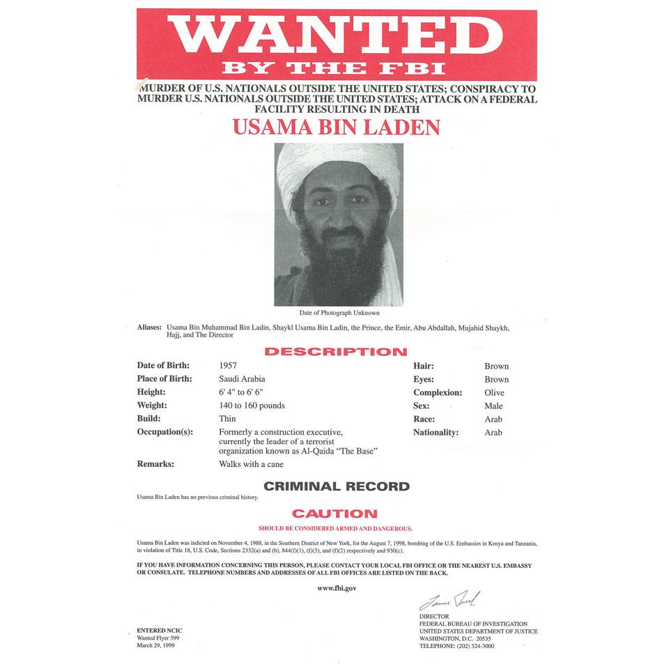 Osama Bin Laden, FBI Wanted Poster, 1999