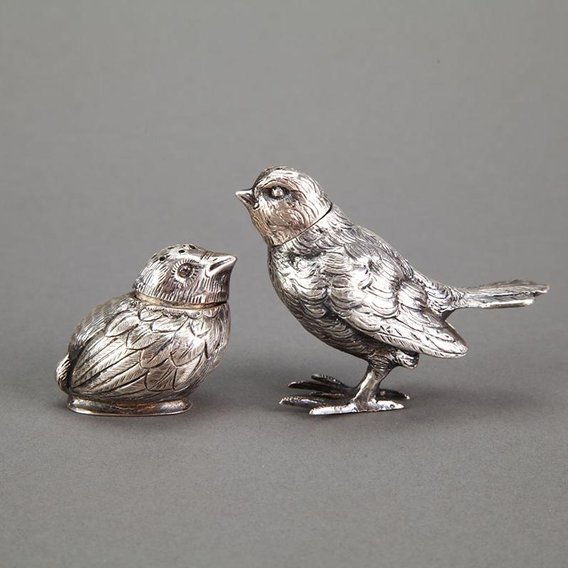 Pair of Italian Silver Bird-Form Pepperettes, 20th century