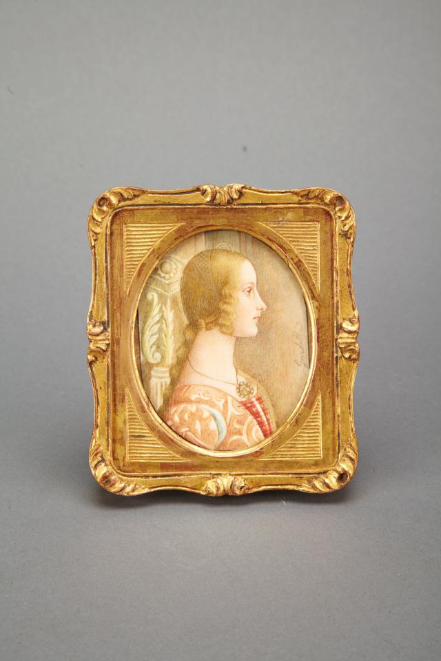 Italian Portrait Miniature of a  Young Woman, after Boticelli, 20th century