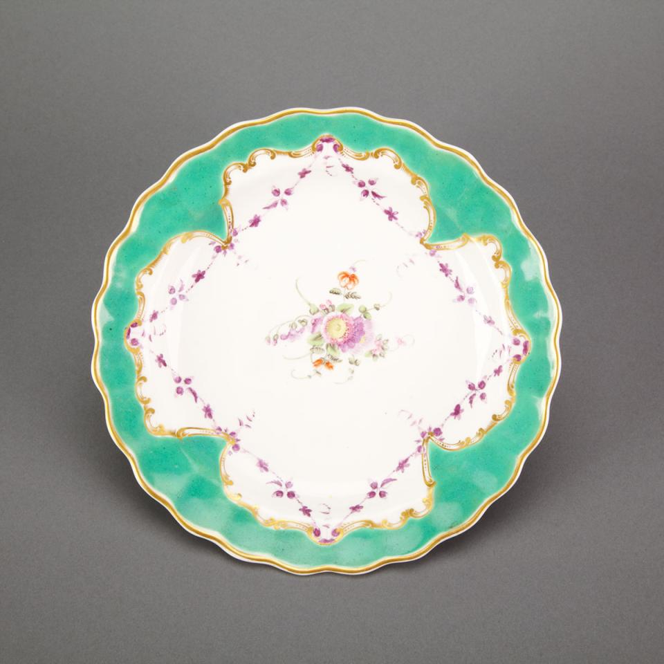 Worcester Green and Gilt Bordered Lobed Dessert Plate, c.1775