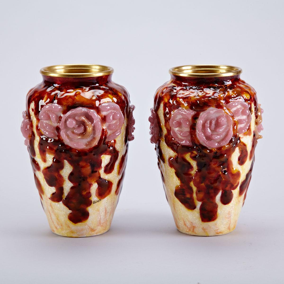 Pair of Limoges Enamelled Copper Vases, France, c.1930