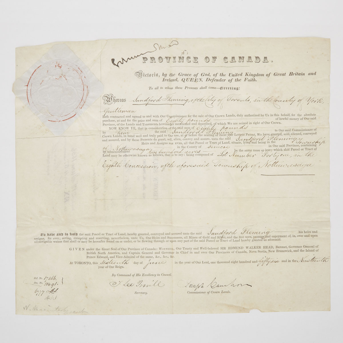 Province of Canada Land Grant to Sir Sanford Fleming, 1856